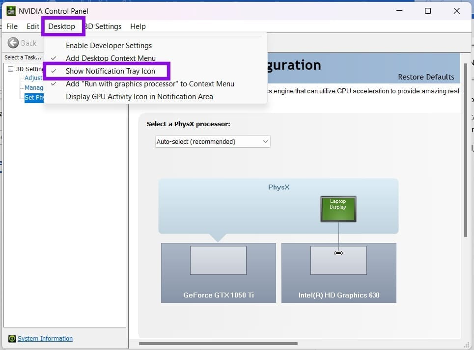 Once the NVIDIA Control Panel opens, click Desktop from the menu at the top