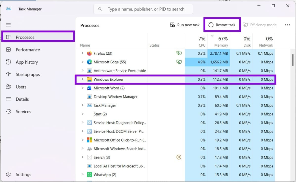 Stay on the Processes tab and find Windows Explorer