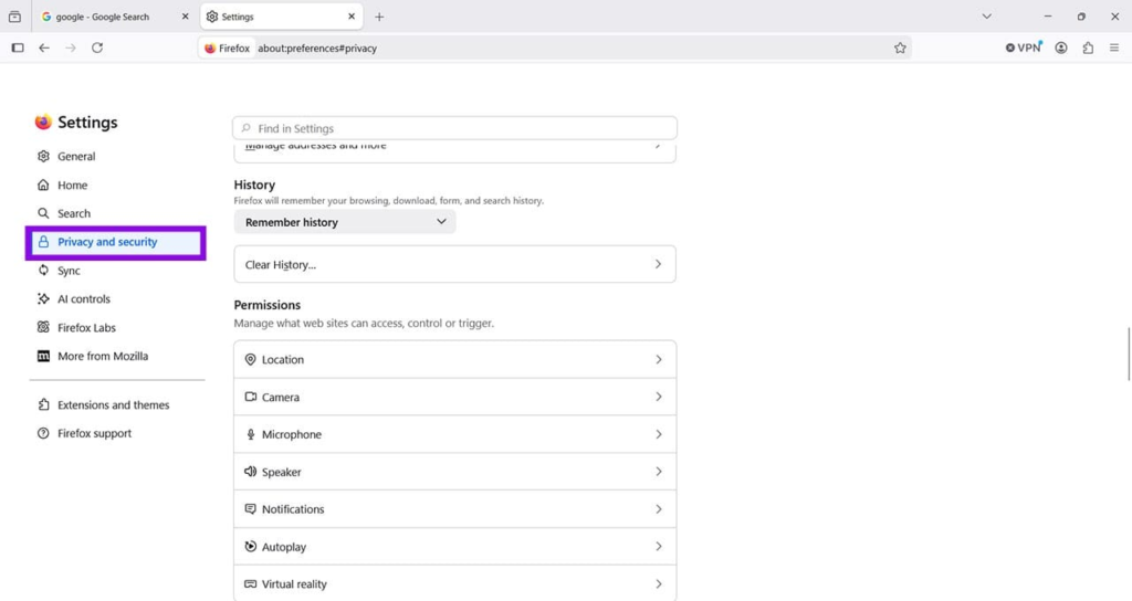 Settings > Privacy & Security