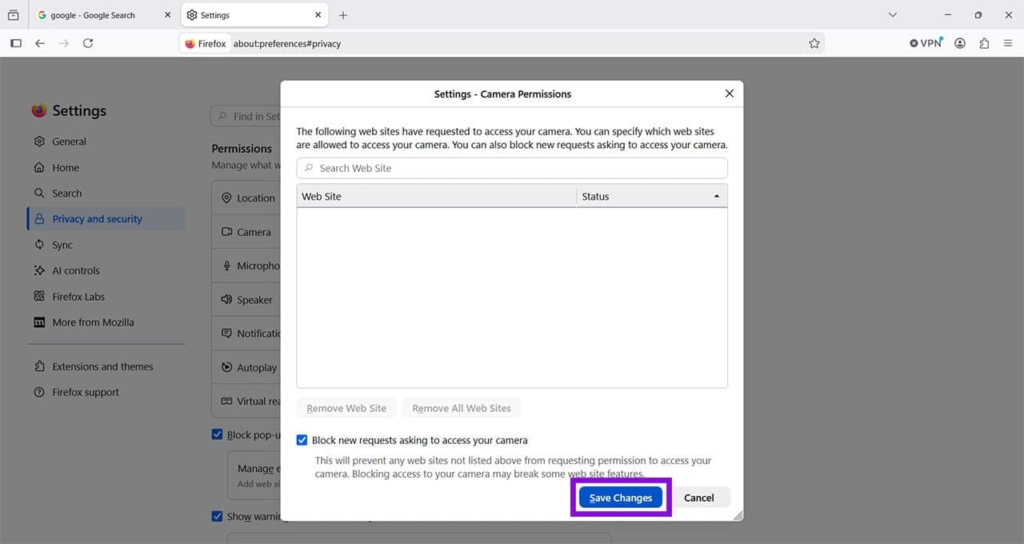 Find Camera and click Settings